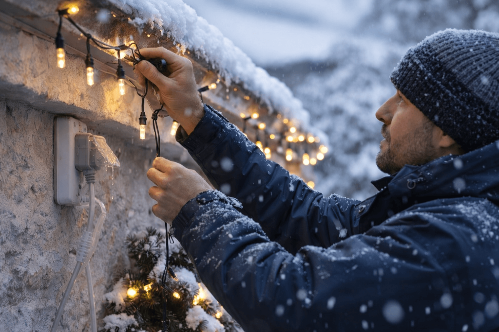 Homme installant des décorations lumineuses extérieures sous la neige, vérifiant les guirlandes et les branchements pour assurer leur sécurité en hiver.
